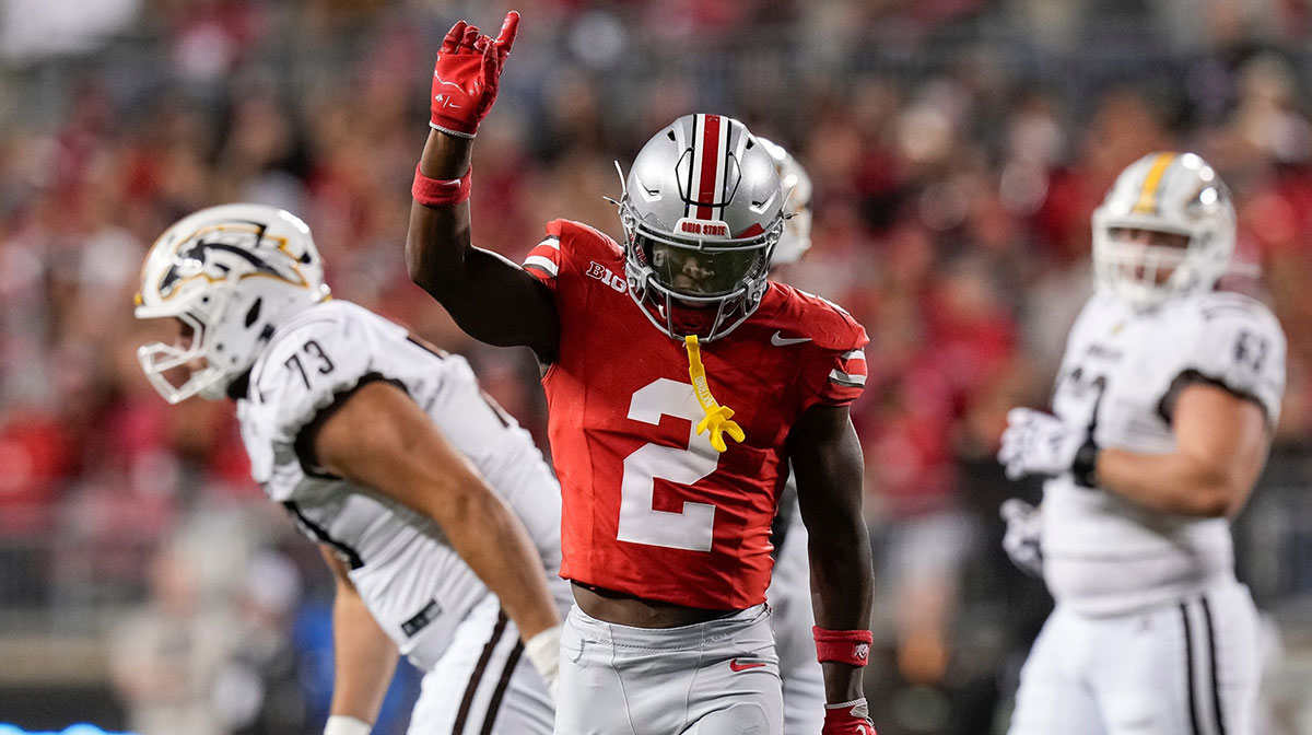 Ohio State safety and 2026 NFL Draft prospect Caleb Downs celebrates a play against Western Michigan.