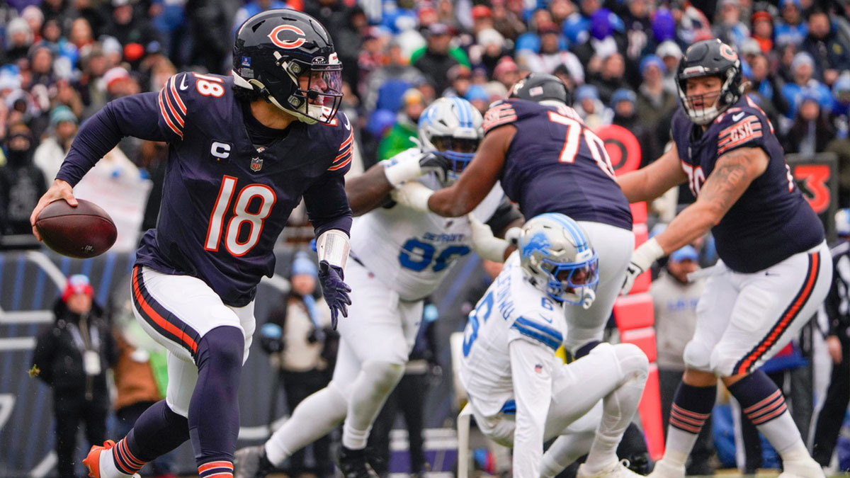 Chicago Bears quarterback Caleb Williams (18) looks to make a play during a game against the Detroit Lions at Soldier Field in Chicago, Ill., on Sunday, Dec. 22, 2024. The Lions defeated the Bears with a score of 34-17.