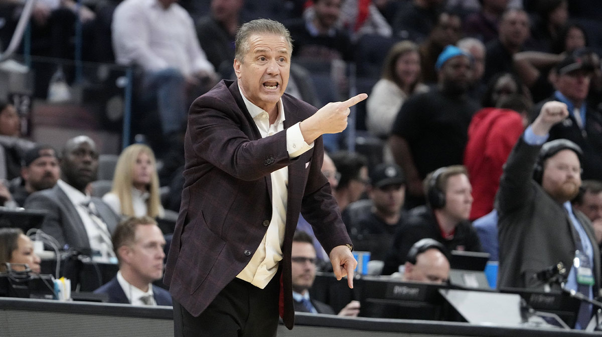 Arkansas Razorbacks head coach John Calipari directs play downcourt during the first half against the Texas Tech Red Raiders during a West Regional semifinal of the 2025 NCAA tournament at Chase Center.