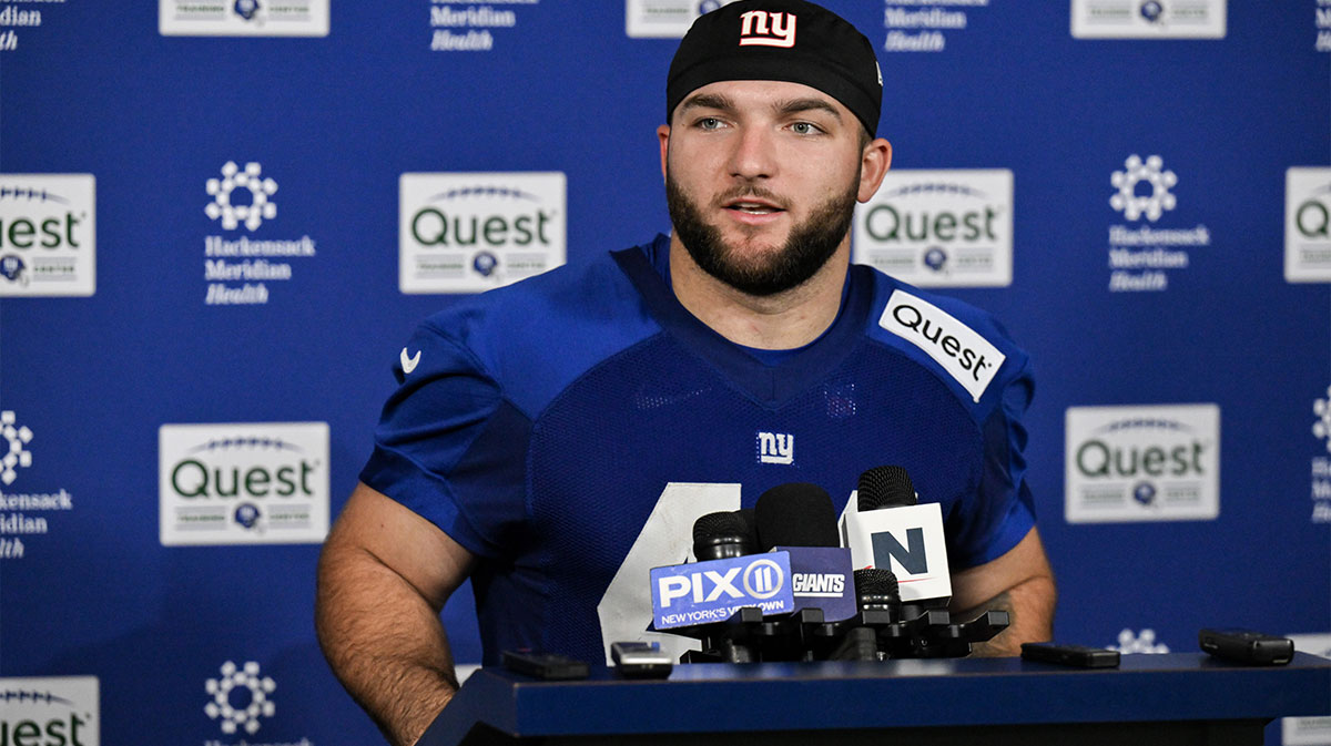May 9, 2025; East Rutherford, NJ, USA; New York Giants running back Cam Skattebo (44) speaks to members of the press after rookie minicamp at Quest Diagnostics Training Center. Mandatory Credit: John Jones-Imagn Images