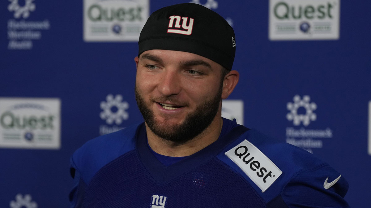 Eat Rutherford, NJ -- May 9, 2025 -- Cam Skattebo talks to the media following practice at Giants Rookie Minicamp.