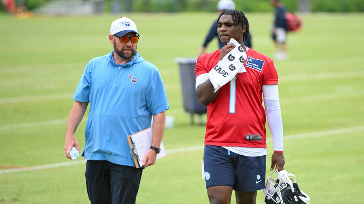 Tennessee Titans quarterback Cam Ward (1) walks of the field after finish first day of rookie mini camp.