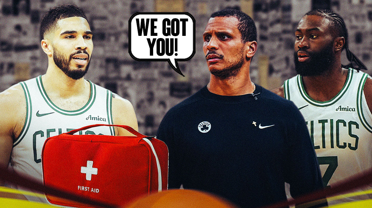 A newspaper as the background, Jayson Tatum on the other side with an injury kit in front of him, Joe Mazzulla and Jaylen Brown on the other side with a speech bubble that says "We got you!"
