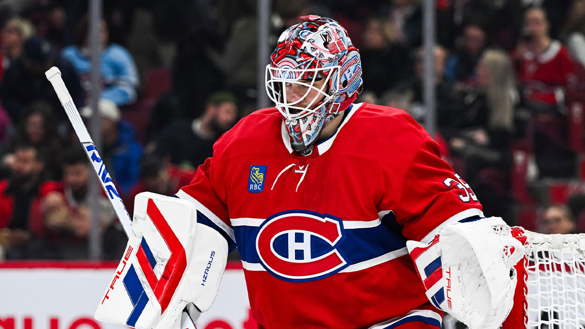 Montreal Canadiens goalie Sam Montembeault (35) looks on against the Carolina Hurricanes in the second period at Bell Centre.
