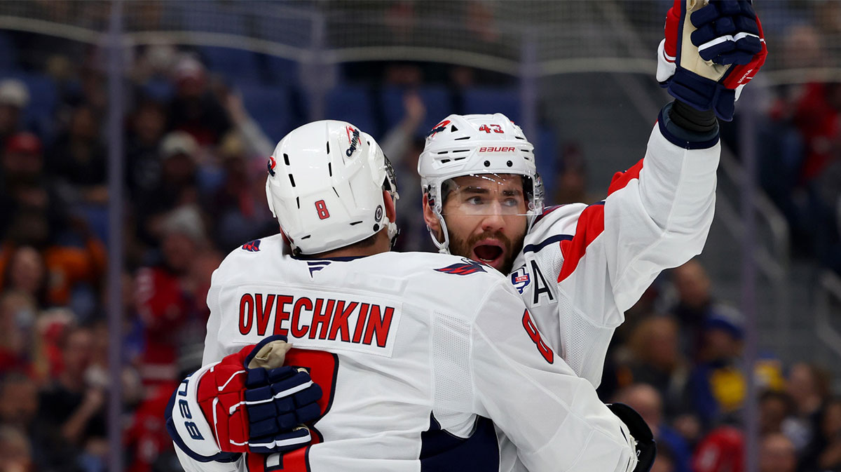 Washington Capitals right wing Tom Wilson (43) celebrates his goal with left wing Alex Ovechkin (8) during the first period against the Buffalo Sabres at KeyBank Center.