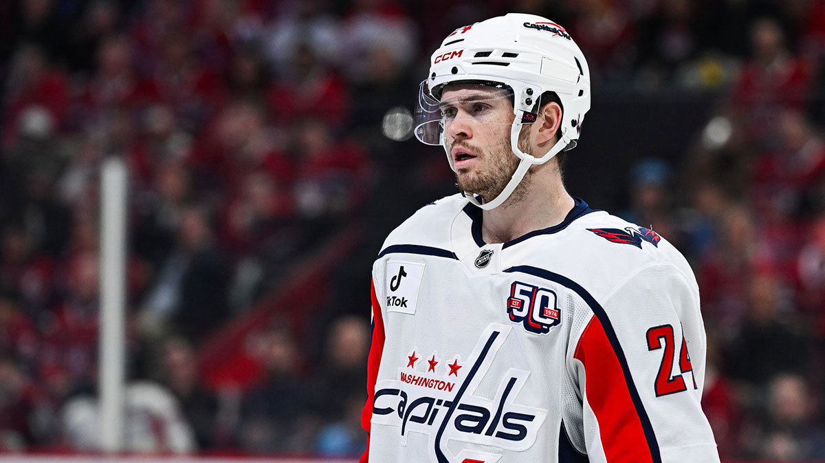 Washington Capitals center Connor McMichael (24) looks on against the Montreal Canadiens during the first period in game four of the first round of the 2025 Stanley Cup Playoffs at Bell Centre.