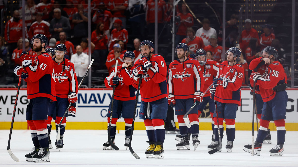 Washington Capitals players stand on the ice after game five of the second round of the 2025 Stanley Cup Playoffs against the Carolina Hurricanes at Capital One Arena.