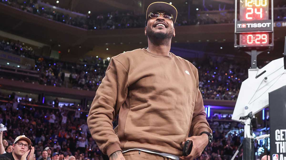 Former NBA forward Carmelo Anthony waves to the crowd during game five of first round for the 2025 NBA Playoffs between the against the Detroit Pistons and the New York Knicks at Madison Square Garden.