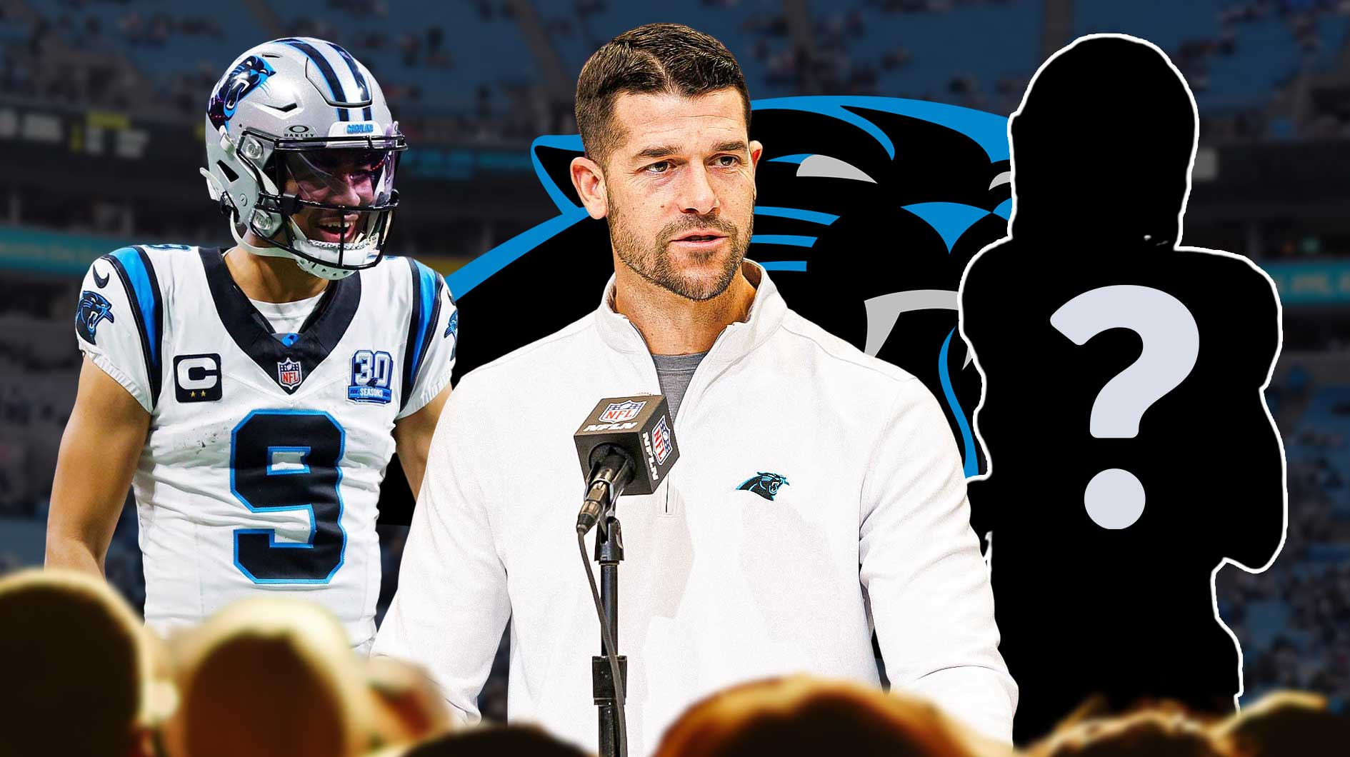 Carolina Panthers head coach Dave Canales with QB Bryce Young and a silhouette of an American football player with a big question mark emoji inside. There is also a logo for the Carolina Panthers.