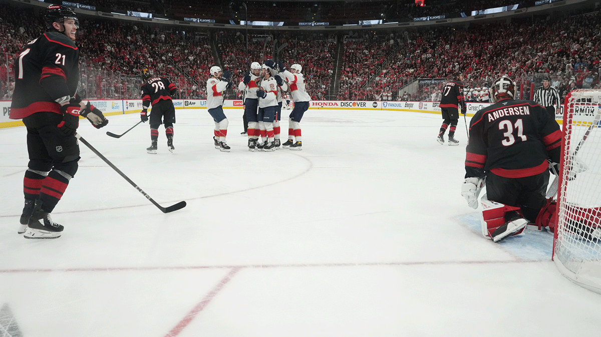 Florida Panthers celebrate forward Anton Lundell (15) goal against Carolina Hurricanes during the third period in game five of the Eastern Conference Final of the 2025 Stanley Cup Playoffs at Lenovo Center