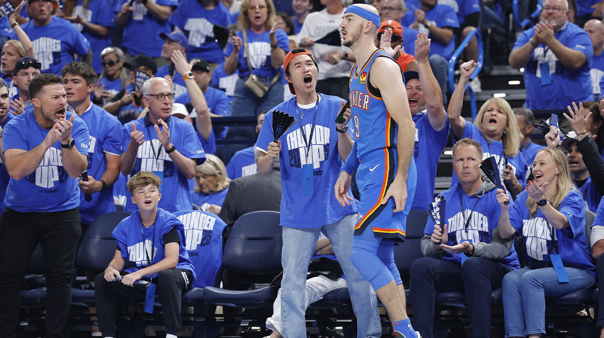 Oklahoma City Thunder fans cheer for Oklahoma City Thunder guard Alex Caruso (9) after he forced a Denve Nuggets turnover in the first quarter during game seven of the second round for the 2025 NBA Playoffs at Paycom Center.