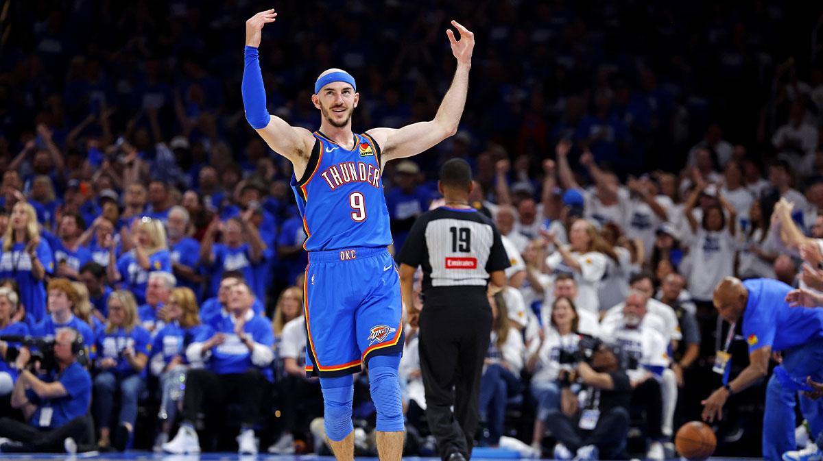 Oklahoma City Thunder guard Alex Caruso (9) celebrates after a play during the second quarter against the Minnesota Timberwolves in game five of the western conference finals for the 2025 NBA Playoffs at Paycom Center.