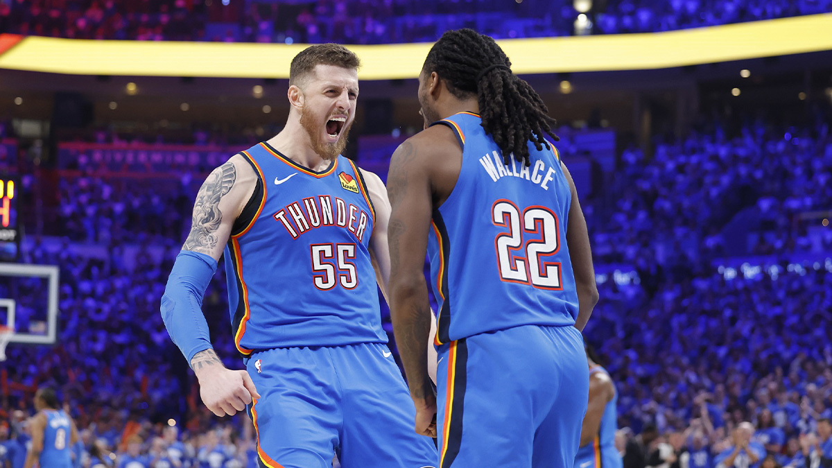 Oklahoma City Thunder center Isaiah Hartenstein (55) and guard Cason Wallace (22) celebrate a basket against the Denver Nuggets in the second half during game seven of the second round for the 2025 NBA Playoffs at Paycom Center.