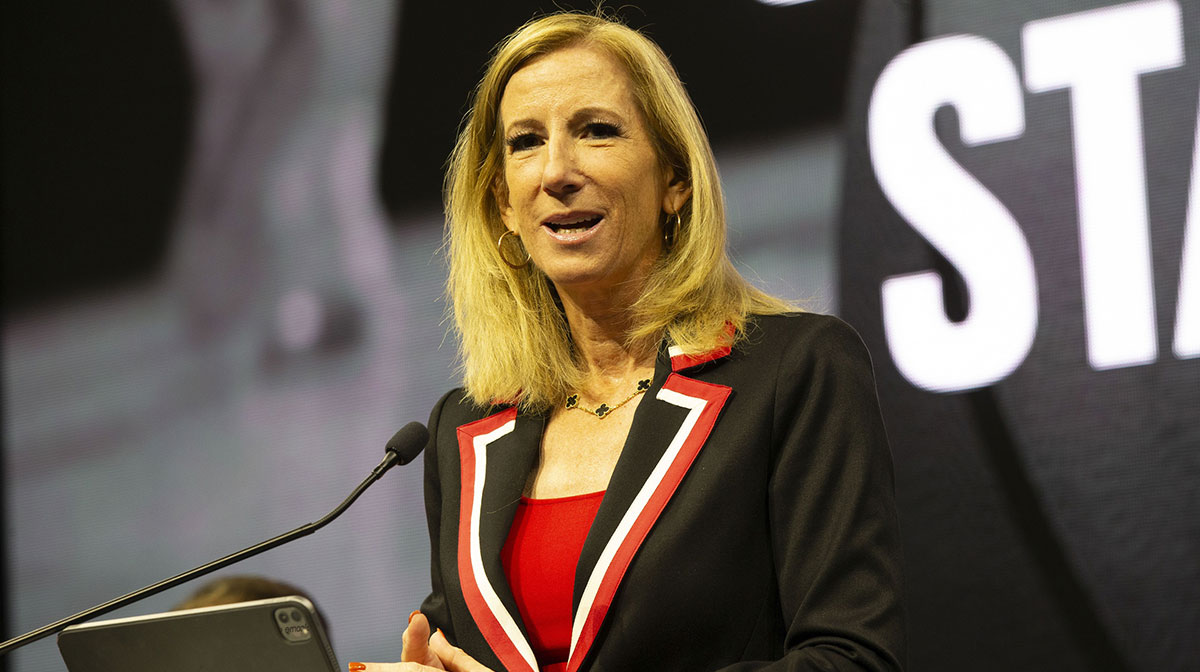 WNBA commissioner Cathy Engelbert makes opening remarks during a press conference to announce an expansion WNBA franchise in the San Francisco Bay Area at Chase Center.