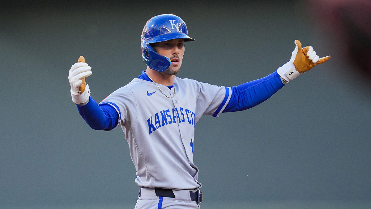 Kansas City Royals designated hitter Cavan Biggio (18) celebrates his double against the Minnesota Twins in the first inning at Target Field