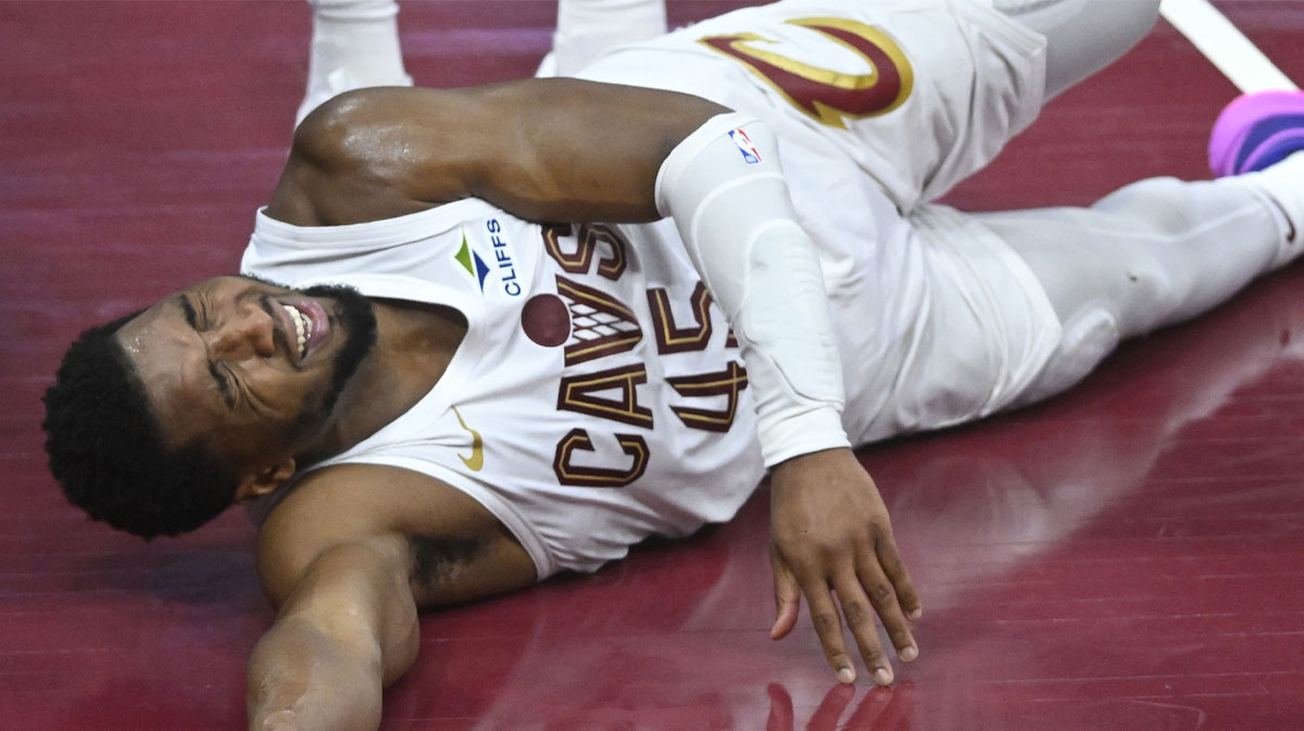 Cleveland Cavaliers guard Donovan Mitchell (45) reacts after driving to the basket in the fourth quarter against the Indiana Pacers during game two of the second round of the 2025 NBA Playoffs at Rocket Arena.