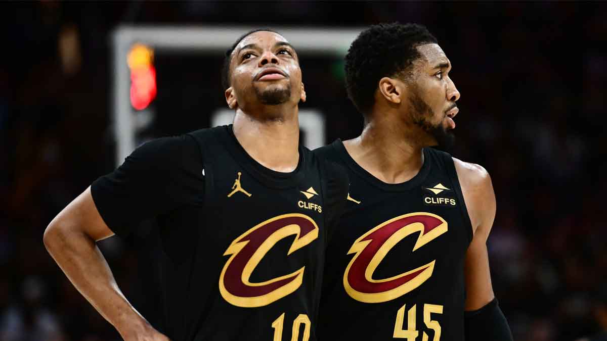 Cleveland Cavaliers guard Darius Garland (10) and guard Donovan Mitchell (45) react during the second half against the Indiana Pacers in game five of the second round for the 2025 NBA Playoffs at Rocket Arena.