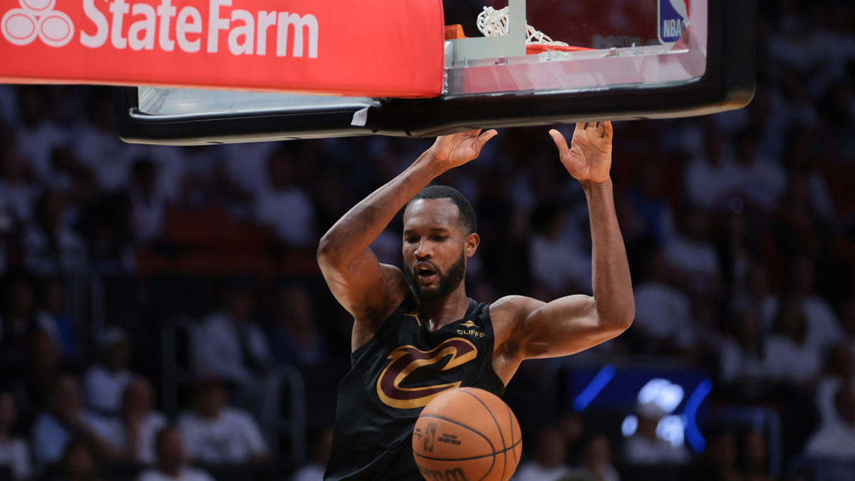 Cleveland Cavaliers forward Evan Mobley (4) dunks against the Miami Heat in the fourth quarter during game three for the first round of the 2025 NBA Playoffs at Kaseya Center.