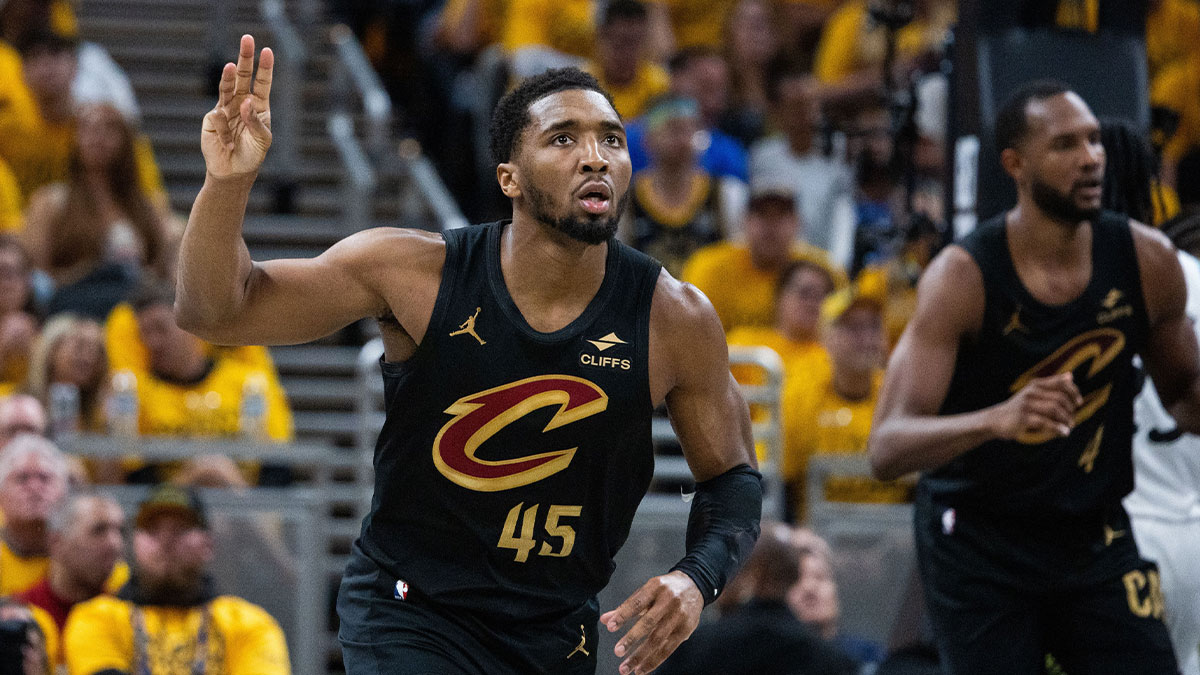 May 9, 2025; Indianapolis, Indiana, USA; Cleveland Cavaliers guard Donovan Mitchell (45) celebrates a made basket during game three of the second round for the 2025 NBA Playoffs against the Indiana Pacers at Gainbridge Fieldhouse.