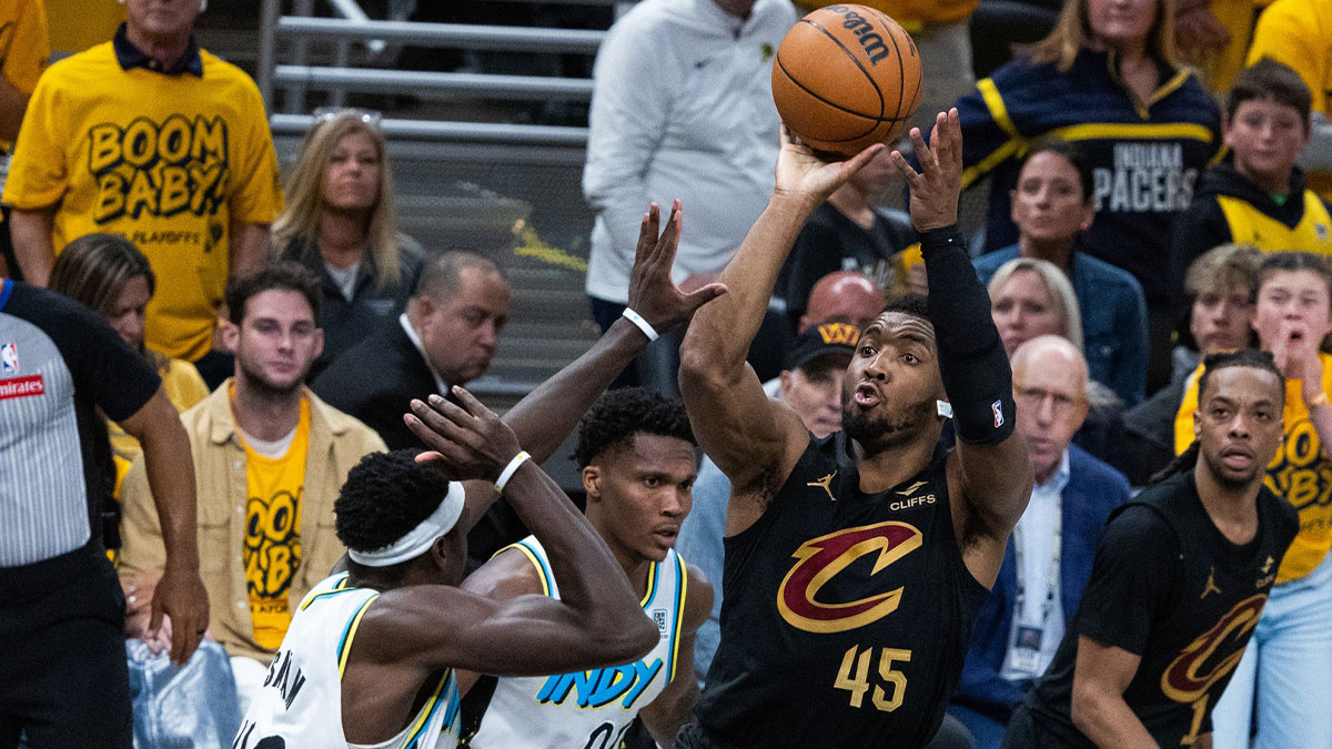 Cleveland Cavaliers guard Donovan Mitchell (45) shoots the ball while Indiana Pacers forward Pascal Siakam (43) defends during game three of the second round for the 2025 NBA Playoffs at Gainbridge Fieldhouse.