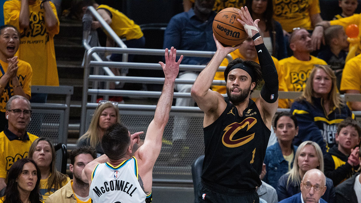 Cleveland Cavaliers guard Max Strus (1) shoots the ball while Indiana Pacers guard T.J. McConnell (9) defends during game three of the second round for the 2025 NBA Playoffs at Gainbridge Fieldhouse.
