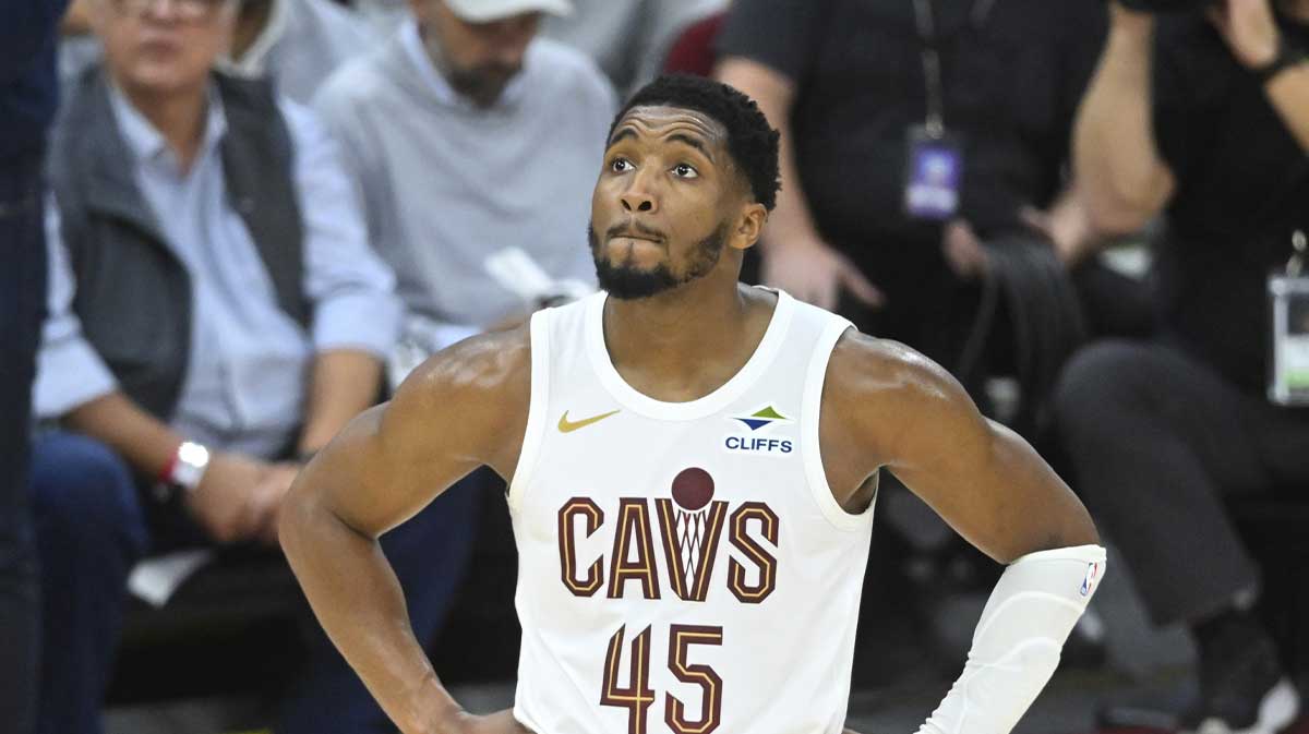 Cleveland Cavaliers guard Donovan Mitchell (45) reacts in the fourth quarter during game two of the second round of the 2025 NBA Playoffs against the Indiana Pacers at Rocket Arena.