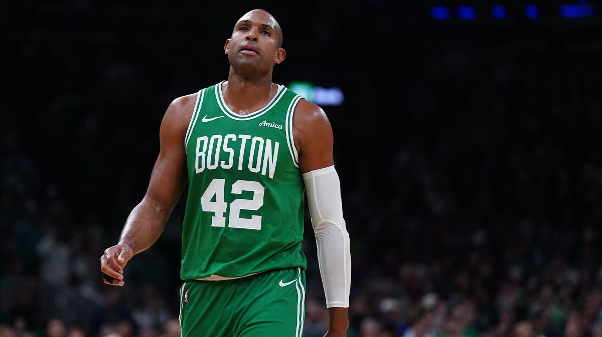 Boston Celtics center Al Horford (42) returns up court against the New York Knicks in the fourth quarter during game two of the second round for the 2025 NBA Playoffs at TD Garden.