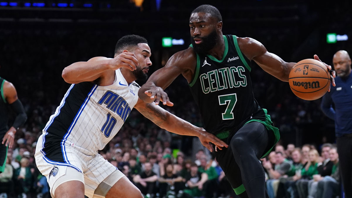 Celtics guard Jaylen Brown (7) drives the ball against Orlando Magic guard Cory Joseph (10) in the third quarter during game five of first round for the 2025 NBA Playoffs at TD Garden