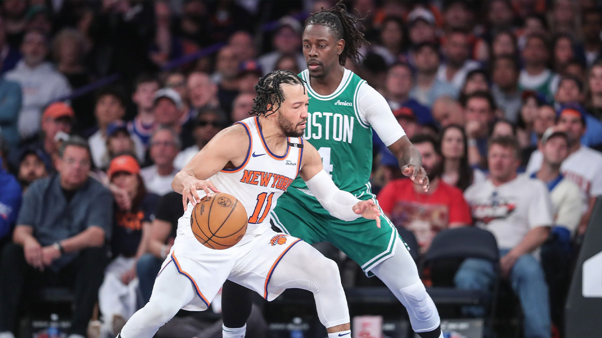 New York Knicks guard Jalen Brunson (11) looks to drive past Boston Celtics guard Jrue Holiday (4) in the third quarter during game three of the second round for the 2025 NBA Playoffs at Madison Square Garden.