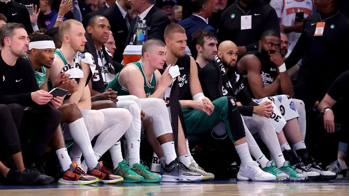 Boston Celtics players watch from the bench during the end of the fourth quarter of game six in the second round of the 2025 NBA Playoffs against the New York Knicks at Madison Square Garden.