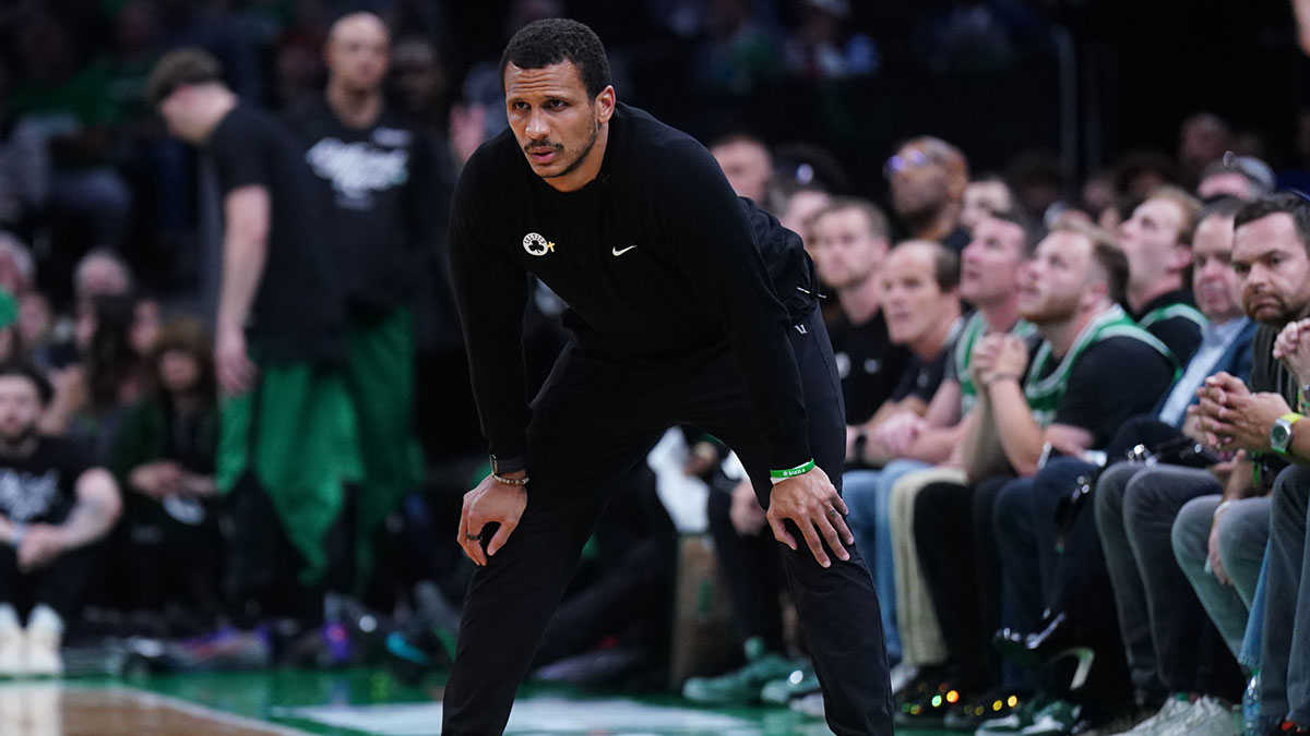 Boston Celtics head coach Joe Mazzulla watches from the sideline as they take on the Orlando Magic during game five of first round for the 2025 NBA Playoffs at TD Garden.
