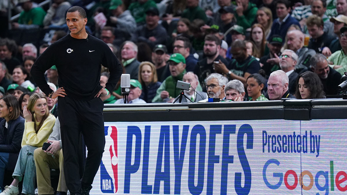 Boston Celtics head coach Joe Mazzulla watches from the sideline as they take on the New York Knicks during game one of the second round for the 2025 NBA Playoffs at TD Garden.