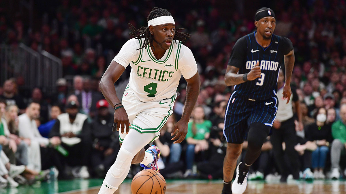 Boston Celtics guard Jrue Holiday (4) controls the ball during the second half against the Orlando Magic at TD Garden.