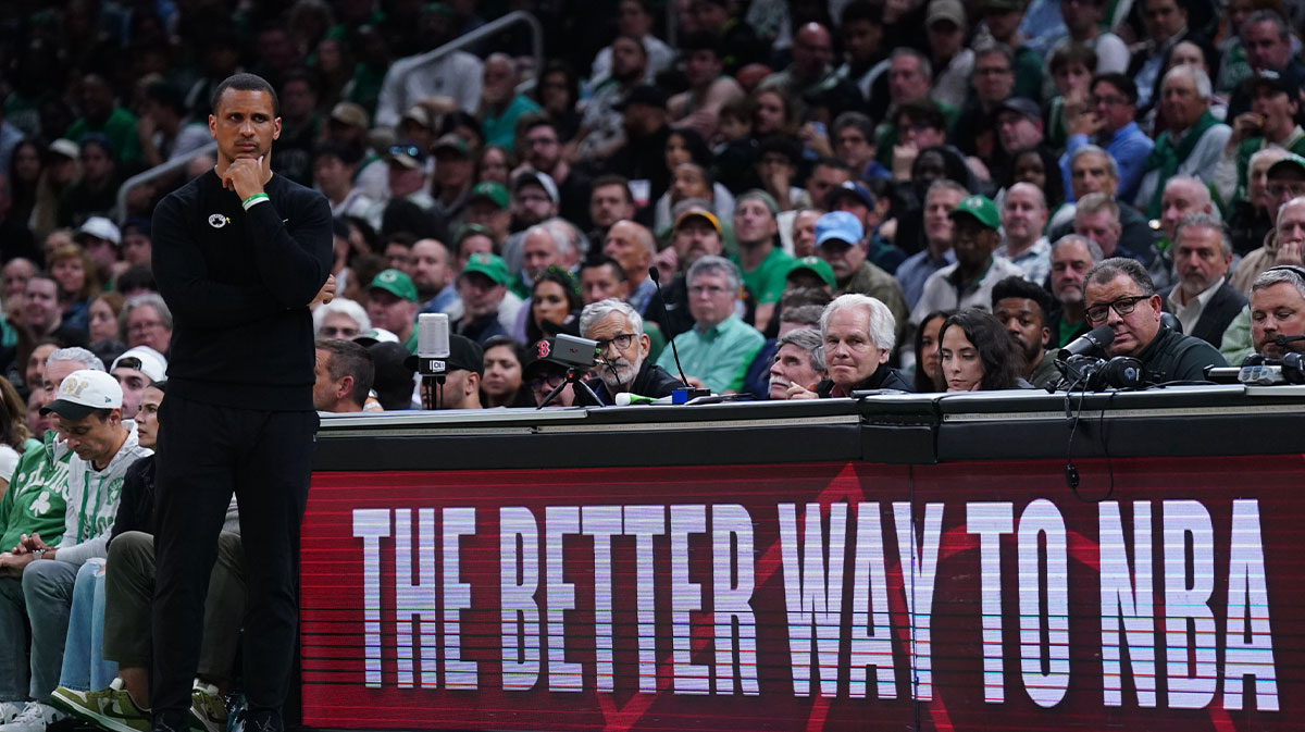 The head coach of the Boston Celtics, Joe Mazzulla, looks at the touch as they face the New York Knicks in the second match of the second round for the NBA 2025 qualifiers at TD Garden.