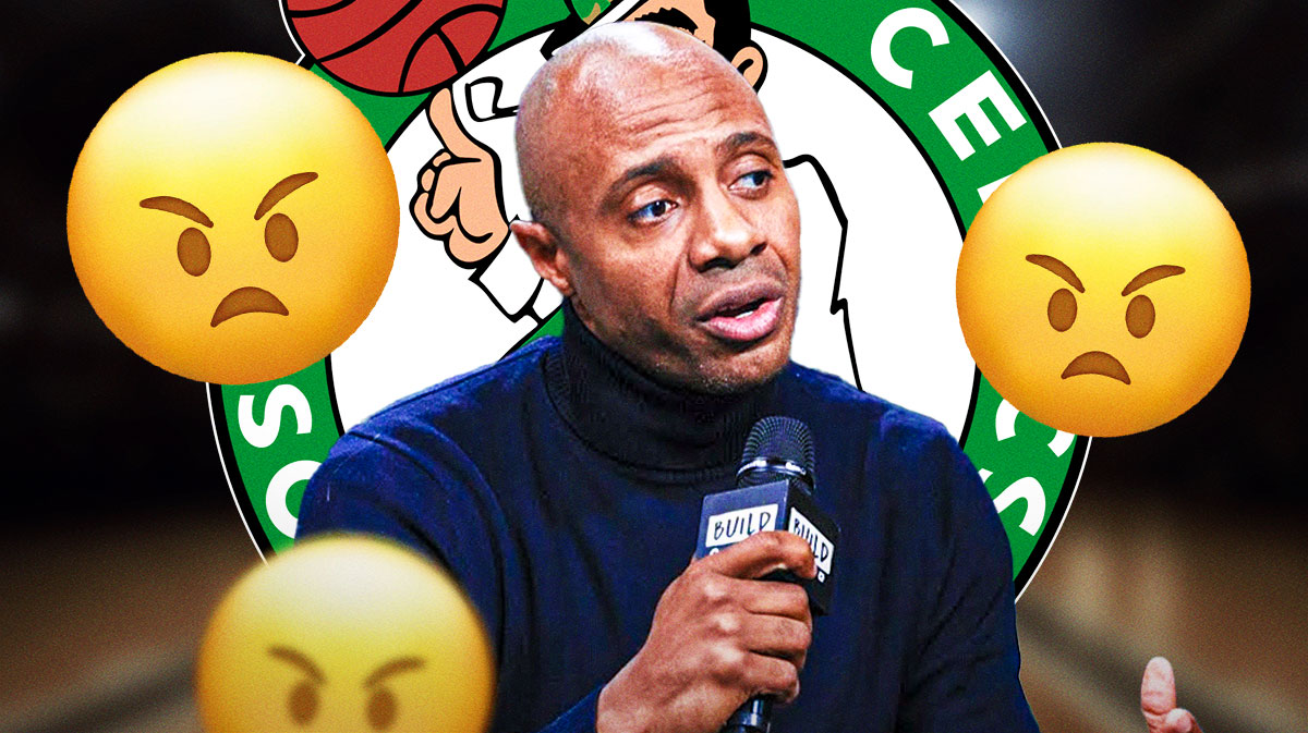 ESPN basketball analyst Jay Williams with angry emojis around him and the Boston Celtics logo in the background