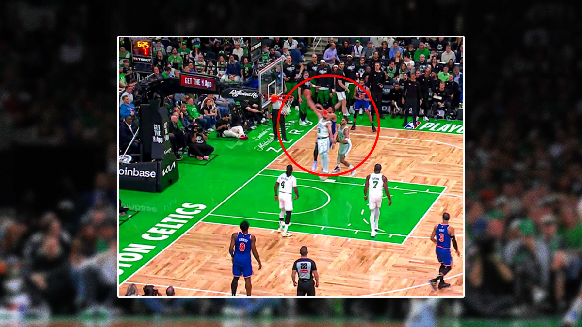 Celtics' Derrick White blocks Karl-Anthony Towns.