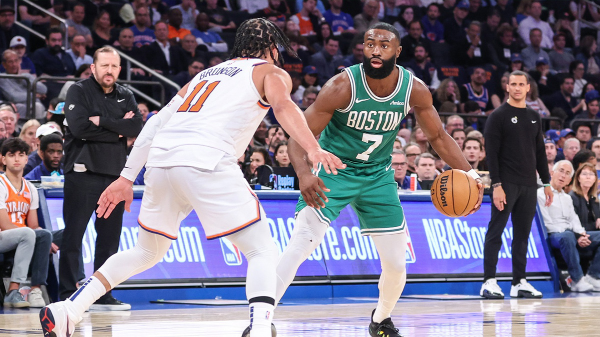 Boston Celtics guard Jaylen Brown (7) looks to drive past New York Knicks guard Jalen Brunson (11) in the third quarter during game three of the second round for the 2025 NBA Playoffs at Madison Square Garden.