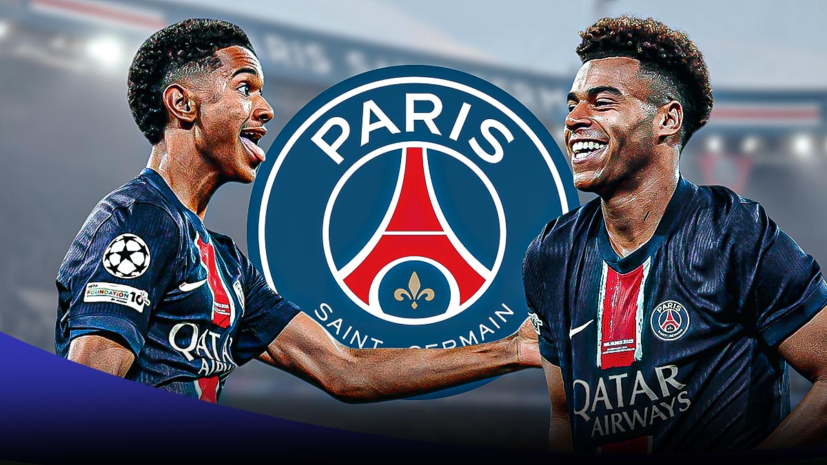 Desire Doue and Senny Mayulu with the PSG logo in the background