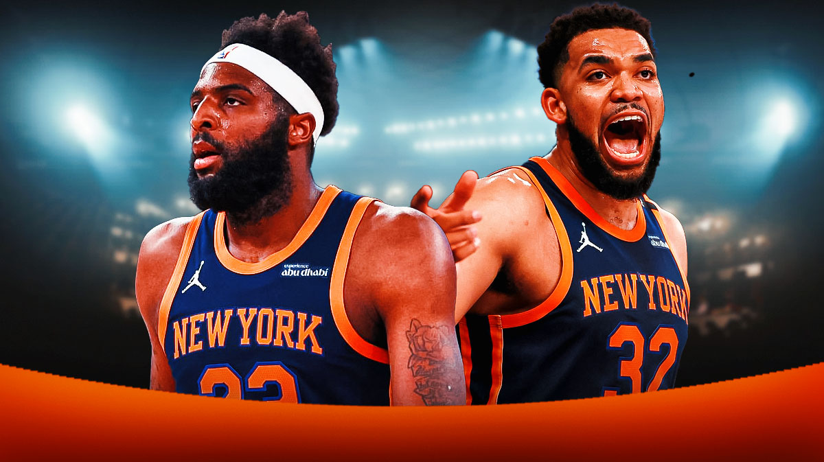 Karl-Anthony Towns screaming (mad) and Mitchell Robinson smiling