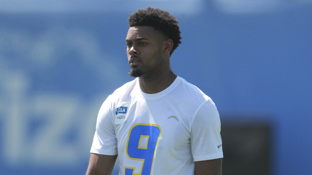 Los Angeles Chargers receiver Tre Harris (9) looks on during offseason workouts at The Bolt.