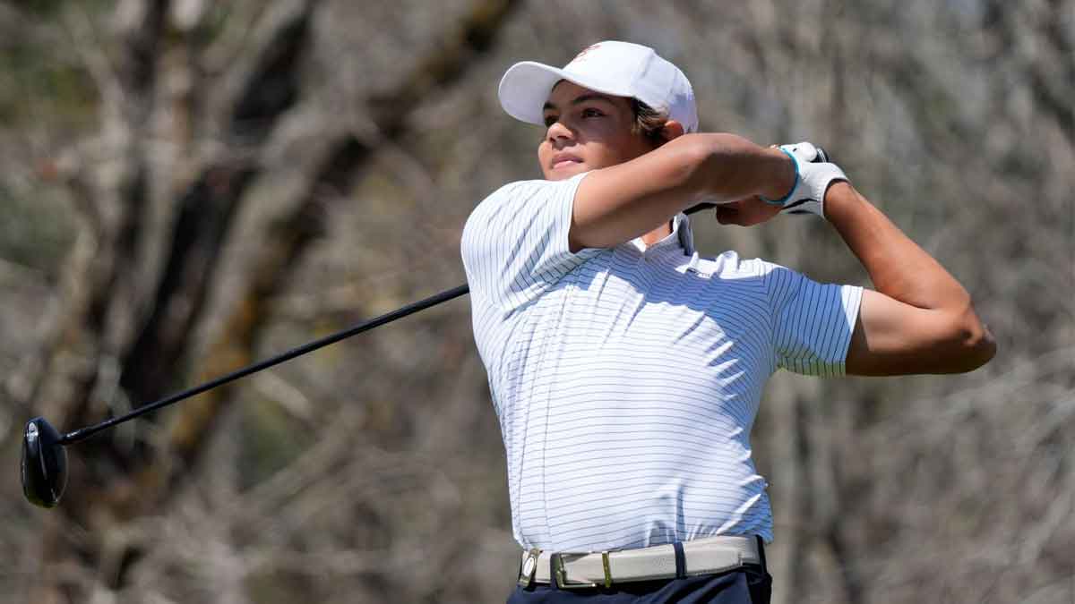 Graniteville, South Carolina, USA; Charlie Woods tees off No. 11 during the final round of the Junior Invitational at Sage Valley Golf Club.