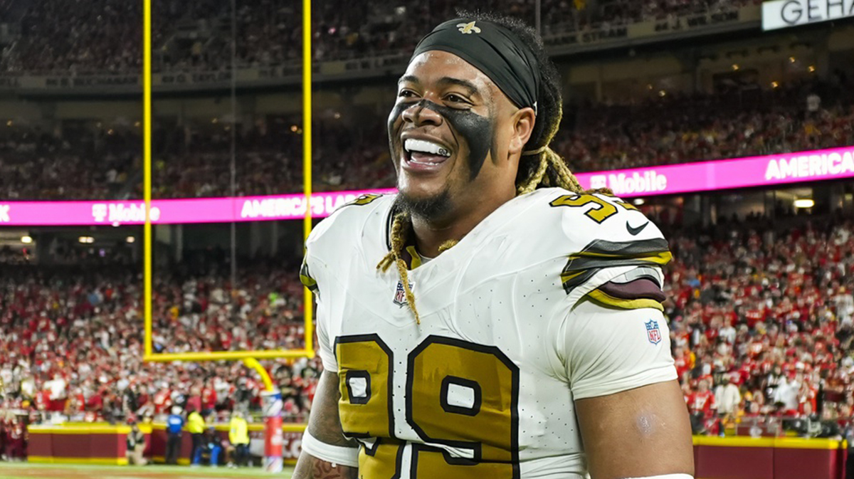 New Orleans Saints defensive end Chase Young (99) reacts during the second half against the Kansas City Chiefs at GEHA Field at Arrowhead Stadium.