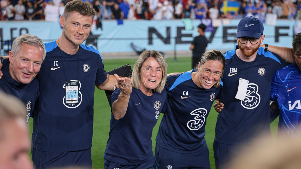 Chelsea FC head coach Sonia Bompastor talks with her team after the match against NJ/NY Gotham FC at Red Bull Arena.
