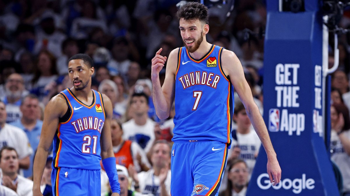 Oklahoma City Thunder forward Chet Holmgren (7) celebrates after a play during the second quarter against the Minnesota Timberwolves in game five of the western conference finals for the 2025 NBA Playoffs at Paycom Center.