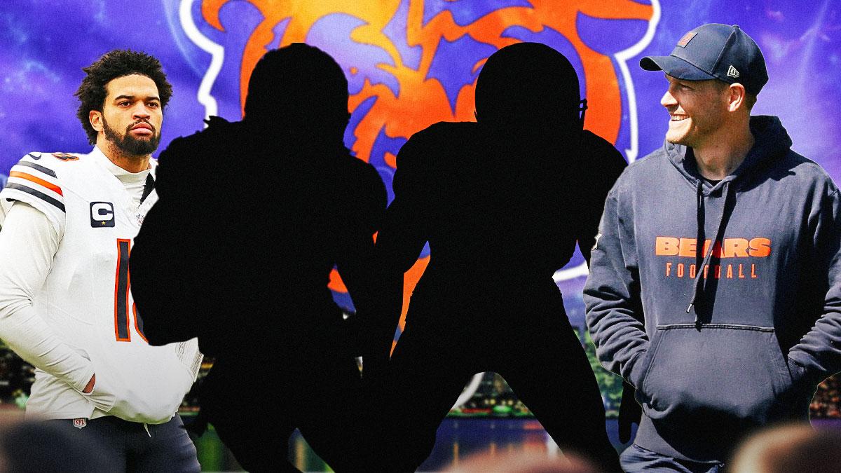 Two mystery players in the middle, Caleb Williams and coach Ben Johnson around them, Chicago Bears wallpaper in the background