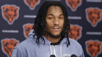May 9, 2025; Lake Forest, IL, USA; Chicago Bears wide receiver Luther Burden III speaks during the Rookie Minicamp at Halas Hall. Mandatory Credit: Kamil Krzaczynski-Imagn Images