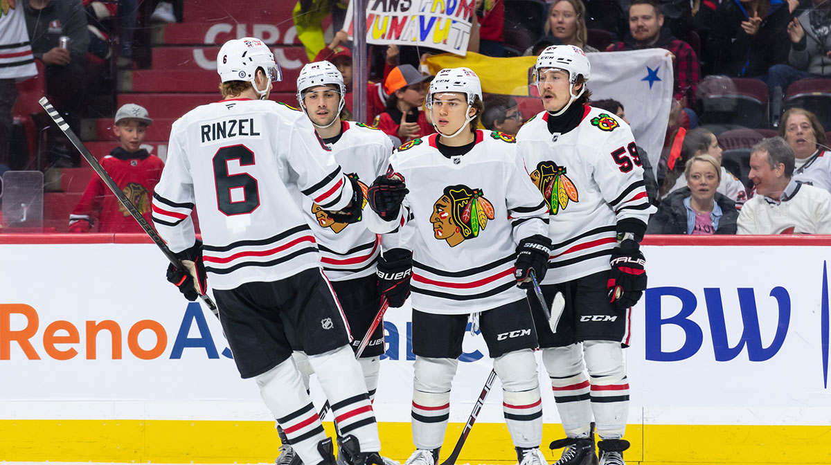 Chicago Blackhawks center Connor Bedard (98) celebrates his goal scored in the second period against the Ottawa Senators at the Canadian Tire Centre.