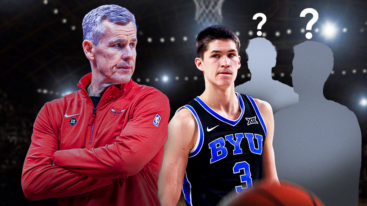 Bulls, Bulls draft, NBA Draft, Bulls mock draft, NBA mock draft, Billy Donovan with three players behind him. Make one player Egor Demin in a BYU jersey, and then make the other two mystery players with question marks above their head. Any basketball background works