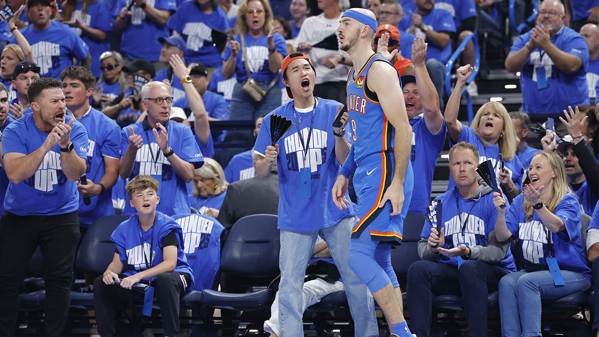 Oklahoma City Thunder fans cheer for Oklahoma City Thunder guard Alex Caruso (9) after he forced a Denve Nuggets turnover in the first quarter during game seven of the second round for the 2025 NBA Playoffs at Paycom Center.