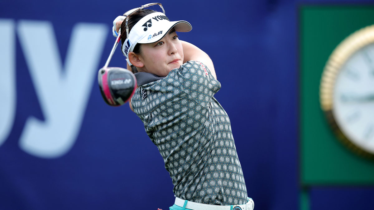 Chisato Iwai of Japan hits a tee shot at the first hole during the first round of The Chevron Championship golf tournament.